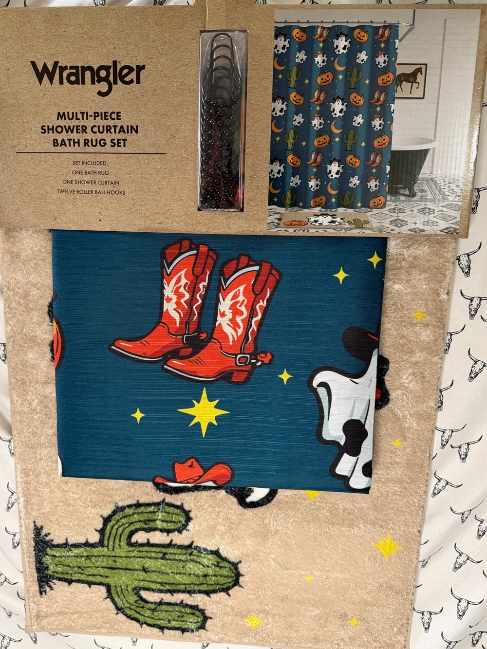 Wrangler Blue Shower Curtain with Red Cowboy Boots and Tan Cactus Bath Rug